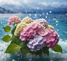 ai generato ortensia fiori su il sfondo di il acqua con gocce di pioggia foto