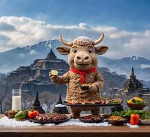 ai generato carino Toro mangiare carne e verdure su un' di legno tavolo nel davanti di il grande parete di Cina foto