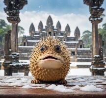 ai generato puffer pesce nel davanti di Angkor wat tempio nel Cambogia foto