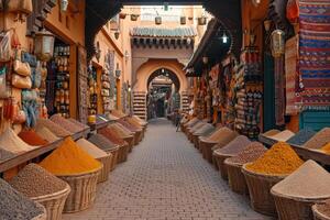 ai generato un' colorato e caratteristica bazar di fragrante spezie. Marocco, Marrakech foto