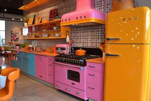 ai generato colorato interno di un' moderno cucina. ricco interno colori foto