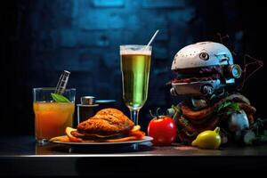 ai generato il robot è seduta a un' impostato di birra e hamburger e altro spuntini su il tavolo. buio sfondo, veloce cibo foto