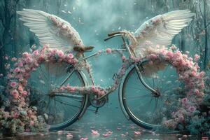 ai generato retrò bicicletta decorato con fiori su un' blu sfondo. un' romantico cartolina foto