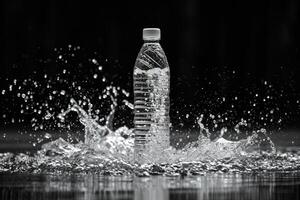 ai generato trasparente plastica minerale acqua bottiglia per il tuo annuncio pubblicitario con acqua spruzzi e gocce. foto