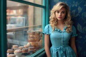 ai generato romantico bionda ragazza nel un' blu vestito su il sfondo di un' forno bar foto