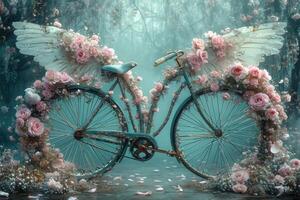 ai generato retrò bicicletta decorato con fiori su un' blu sfondo. un' romantico cartolina foto