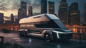 ai generato un' futuristico elettrico auto su un' città strada. un' concetto di il futuro foto