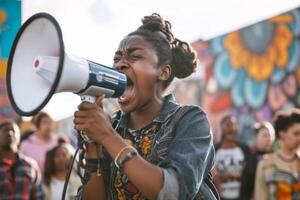 ai generato un afroamericano ragazza su un' città strada grida in un' megafono a un' rally foto