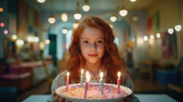 ai generato un' dai capelli rossi giovane ragazza volontà soffio su il candele su il compleanno torta foto