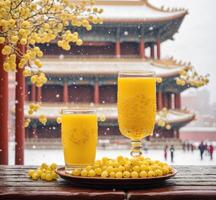 ai generato Due bicchieri di Cinese nuovo anno bevanda con giallo ribes foto