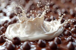 ai generato spruzzi di cioccolato con latte. il concetto di dolci foto
