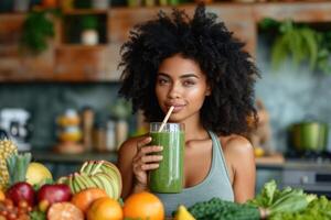 ai generato un africano donna detiene un' bicchiere di verde frullato nel sua mani contro il sfondo di il cucina foto