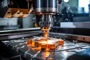ai generato laser taglio di metallo su cnc macchine, moderno industriale tecnologia per produzione industriale parti. moderno lavorazione dei metalli foto