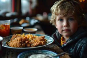 ai generato un' bambino è nel il cucina a il tavolo con cibo. fatti in casa cibo. pranzo foto