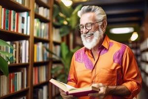 ai generato un' contento allegro anziano uomo con un' barba è guardare per informazione nel libri nel il biblioteca foto