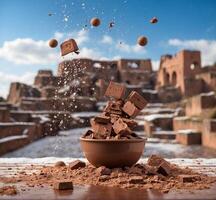 ai generato cacao polvere caduta in un' argilla ciotola con pezzi di cioccolato nel il sfondo foto