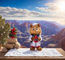 ai generato Natale Leone con regalo su il sfondo di il mille dollari canyon. foto