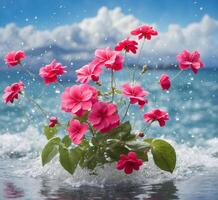 ai generato bellissimo rosa fiori nel il acqua su un' sfondo di blu cielo foto