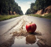 ai generato rosso Mela caduta in il bagnato asfalto strada con acqua gocce. concettuale Immagine foto