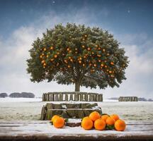 ai generato arancia albero con mandarini su nevoso prato nel inverno stagione foto
