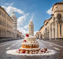 ai generato compleanno torta con Torre di pisa, Toscana, Italia foto