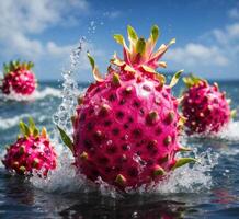 ai generato Drago frutta con acqua spruzzi su il sfondo di il mare. foto