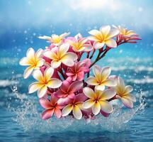 ai generato frangipani fiori con acqua spruzzo su blu mare sfondo. foto