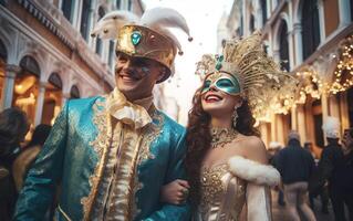 ai generato mardi gras manifesto. contento coppia nel carnevale costumi su affollato europeo strada durante parata. veneziano masquerade festa attrezzatura con piume. viso arte. ai generativo foto