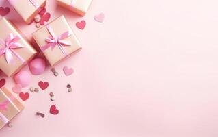 ai generato pastello rosa sfondo con carta cuori, coriandoli, e un' regalo scatola, al di sopra di il spalla, superiore Visualizza, piatto posizione, copia spazio. san valentino giorno, Fidanzamento o nozze festa manifesto. ai generativo foto