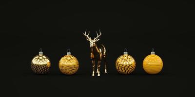 composizione minima di natale scuro con giocattoli di natale gialli e cervo d'oro 3d render foto