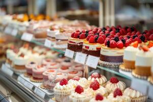 ai generato piccolo torte su Schermo a il pasticceria contatore. foto