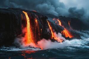 ai generato attivo lava flusso vulcanico eruzione magma toccante il oceano foto