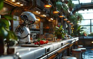 ai generato Visualizza di un' bellissimo robot preparazione cibo nel il cucina foto
