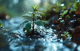 ai generato Visualizza di bellissimo rugiada gocce su un' verde albero su acqua per celebrare mondo acqua giorno foto