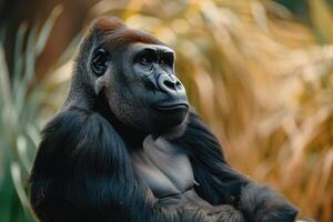 ai generato ritratto di seduta gorilla nel natura selvaggia. foto