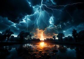 ai generato Visualizza di bellissimo fulmine a partire dal il cielo nel un' regno foto