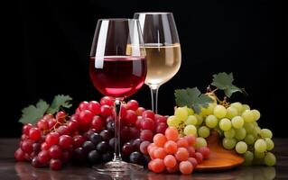 ai generato uva succo nel un' vino bicchiere e vario frutta buio rosa, grigio e rosso uva a il parte inferiore foto