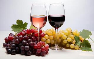 ai generato uva succo nel un' vino bicchiere e vario frutta buio rosa, grigio e rosso uva a il parte inferiore foto
