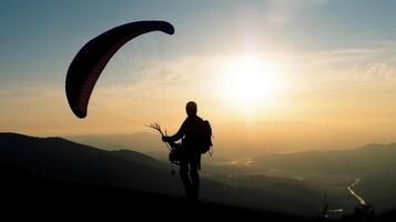 ai generato un' uomo preparazione per parapendio. silhouette foto di un' parapendio.