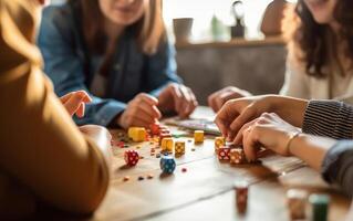 ai generato contento multiculturale fricchettone ragazzi giocando nel gioco d'azzardo seduta a tavolo. generativo ai foto