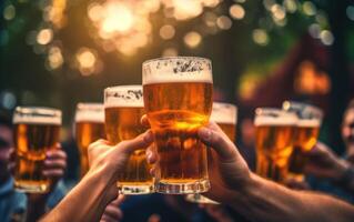 ai generato contento amici applauso birra bicchieri a fabbrica di birra pub giardino. generativo ai foto