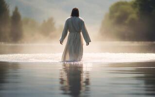 ai generato Gesù Cristo passeggiate su acqua. generativo ai. foto