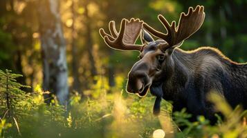 avvicinamento di alce americano nel un' estate foresta. foto