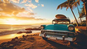 ai generato un vecchio auto parcheggiata su un' tropicale spiaggia con un' canoa su il tetto. foto