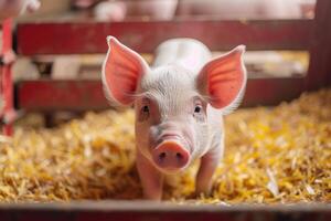 ai generato carino maialino nel azienda agricola. contento e salutare piccolo maiale. bestiame agricoltura. foto