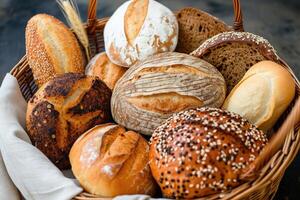 ai generato varietà di forno pane prodotti nel cestino. foto