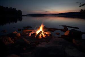 ai generato notte fuoco di bivacco a notte vicino estate lago, neurale Rete generato immagine foto