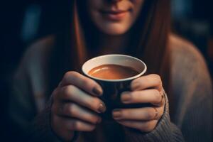 ai generato donna Tenere tazza di caldo caffè, neurale Rete generato Immagine foto
