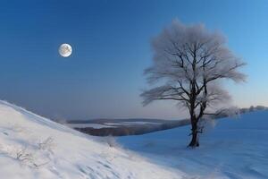 ai generato bianca Natale paesaggio. nevoso albero su un' collina con Luna nel il blu cielo, neurale Rete generato Immagine foto