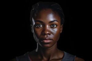 ai generato lucido giovane adulto africano americano donna, ritratto su nero sfondo. neurale Rete generato fotorealistico Immagine foto